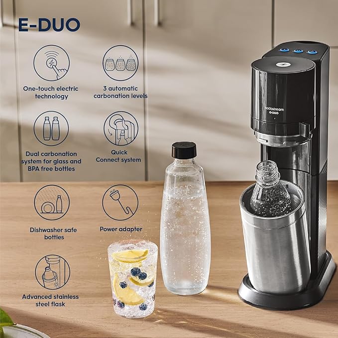 SodaStream E-Duo Sparkling Water Maker Bundle (Black) with CO2, Carbonating Bottle, (1) 1L Glass Bottle and 2x Bubly Drop Flavors