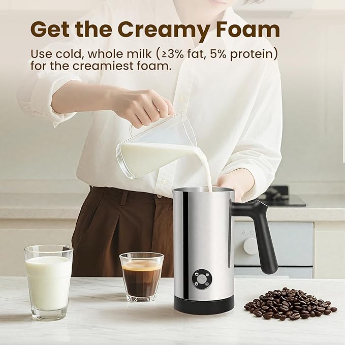 Milk Frother, 4-in-1 Milk Frother and Steamer, 10.6oz Electric Milk Steamer, Automatic Cold and Hot Foam maker for Lattes, Cappuccinos, Non-stick Coating Interior (Polished)