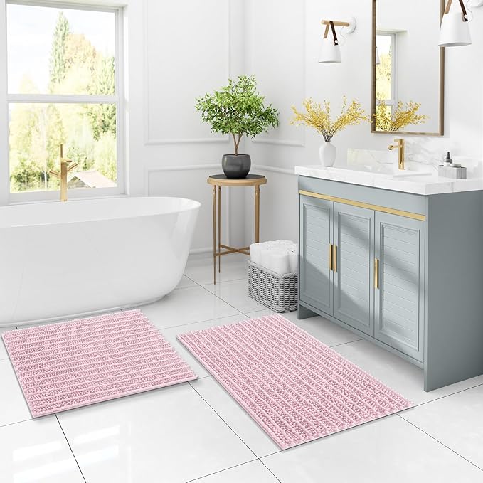 Arotive Luxury Chenille Bathroom Rug Mat, Extra Soft Thick Absorbent Shaggy Bath Rugs, Non-Slip Machine Wash Dry, Plush Bath Mats for Bathroom, Shower and Tub, 36x24, Pink
