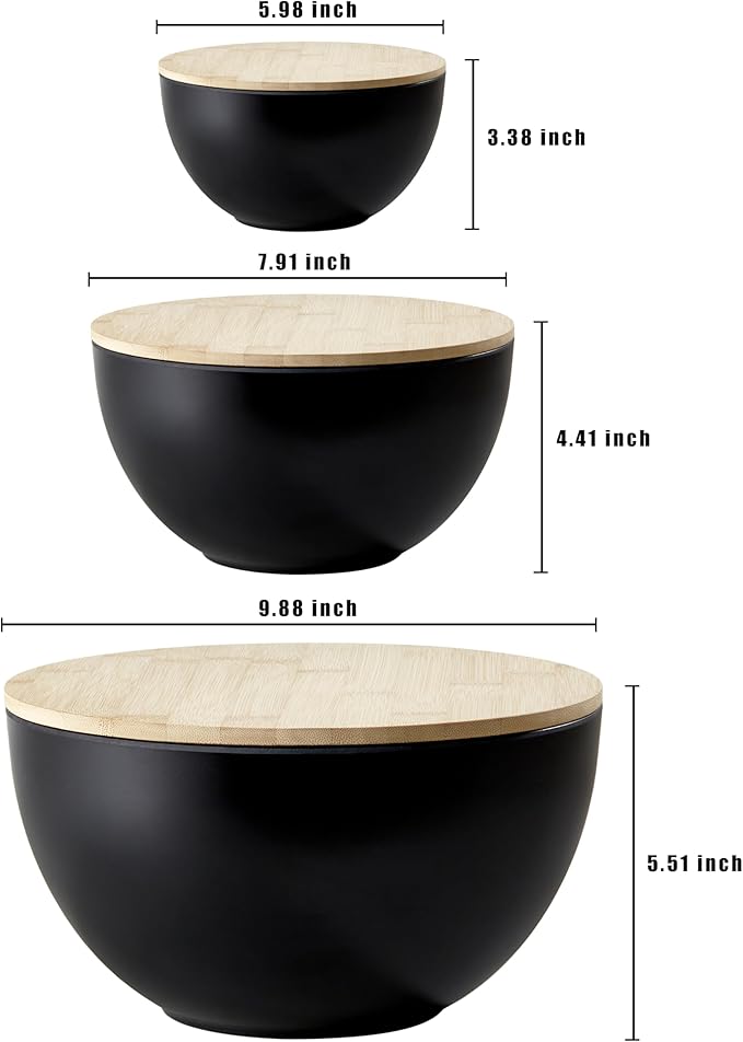 JOYMAY Salad Bowls, Mixing Bowl Salad Bowl Set, Natural Bamboo Fiber Serving Bowl Set of 3 with Bamboo Wood Lid, Nesting Bowls for Salads,Pastas(Black,10",8",6")