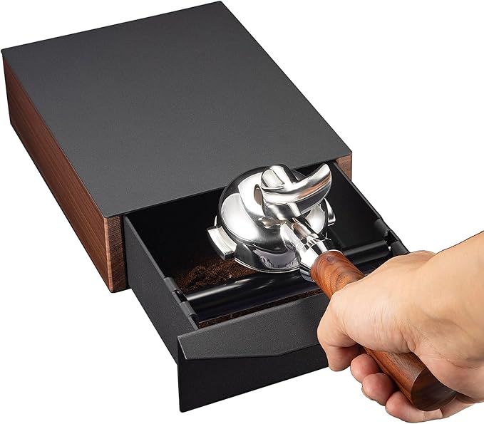 MOJAE Espresso Knock Box Drawer,Stainless Steel Detachable Coffee Ground Knock Container with Removable Knock Bar and Anti-Slip Base, Black