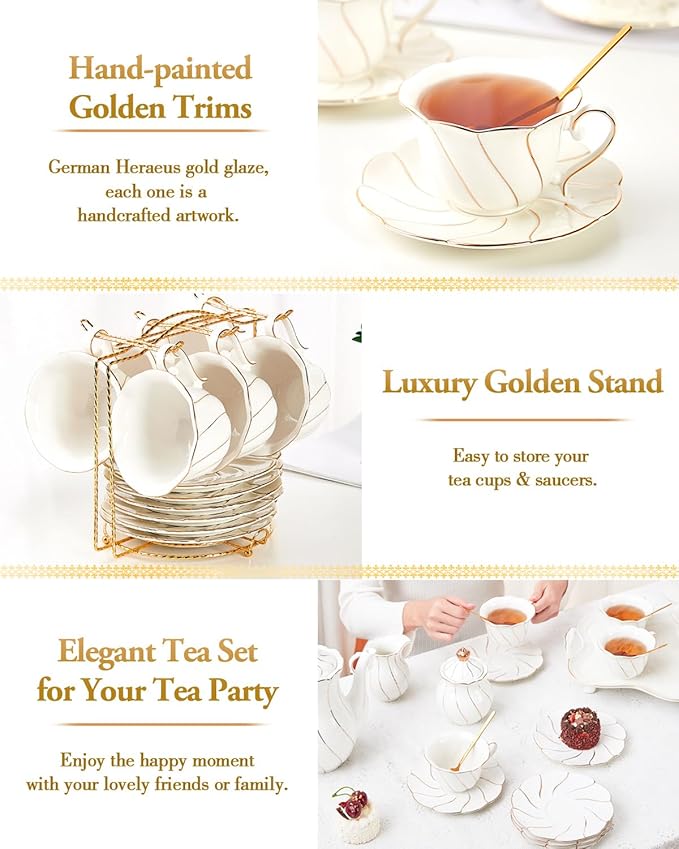 DUJUST 22 pcs White Porcelain Tea Set for 6, Luxury British Style Tea/Coffee Cup Set with Golden Trim, Beautiful Tea Set for Women, Tea Party Set, Gift Package (With a Stand)