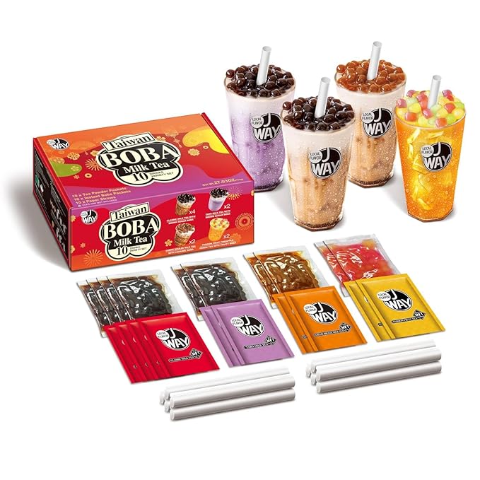 J WAY Instant Boba Bubble Pearl Variety Milk Tea Fruity Tea Kit with Authentic Brown Sugar Caramel Fruity Tapioca Boba, Ready in Under One Minute, Paper Straws Included - Gift Box - 10 Servings