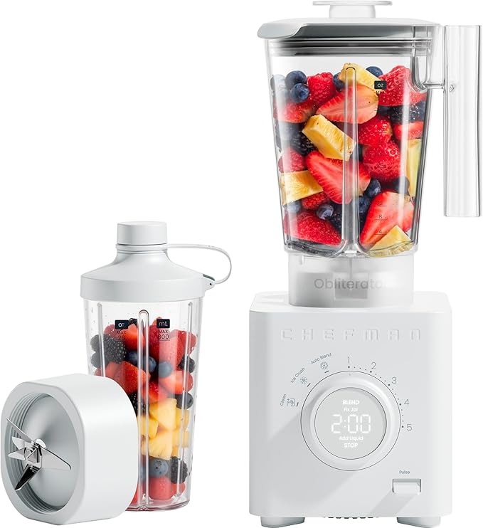 Chefman Obliterator 48 oz Countertop Blender for Smoothies, 1380W Motor to Crush Ice, Nuts, and Frozen Fruit with Stainless Steel Blade, Auto Blend Function, Includes 20 oz Travel Jar