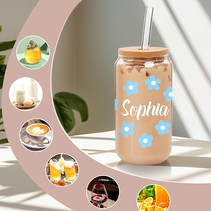 Personalized Glass Cup with Names-Custom Cup Can Shaped Glass with Lids and Straws18OZ Iced Coffee Cups-Gifts for Mothers Day Women Friend (Flower-name)