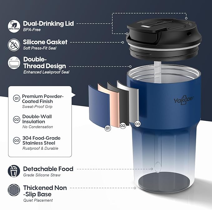 16 oz Coffee Insulated Tumbler with Lid and Flip Straw, Leak-Proof Food Grade 304 Stainless Steel Travel Coffee Mug, Double Wall Vacuum Cup for Hot and Cold Drinks (Off-White)