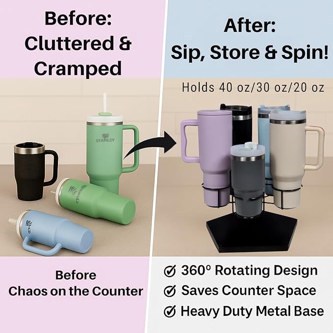 Stanley Cup Holder & Rotating Bottle Organizer – 5-Slot Wood Stand for 20/30/40oz Tumblers, Drinking Glasses, Coffee Mugs, Yeti, Hydro Flask – Countertop & Cabinet Cup Storage Rack