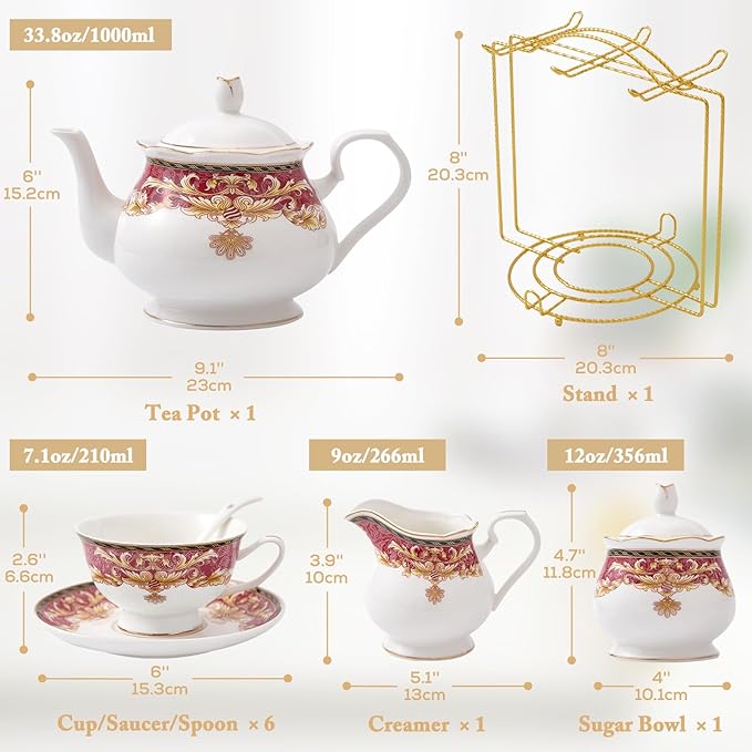 DUJUST 22 pcs Royal Vintage Porcelain Tea Set for 6, Luxury British Tea Sets for Adults with Red Patterns & Golden Trim, Beautiful Floral Tea/Coffee Cup Set, Gift Package - Royal Treat for You
