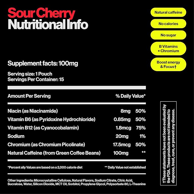 Wip Energy Pouches | 200mg Natural Caffeine | Vitamins and Minerals | Sour Cherry | 15 Pouches Per Can | 3 Cans