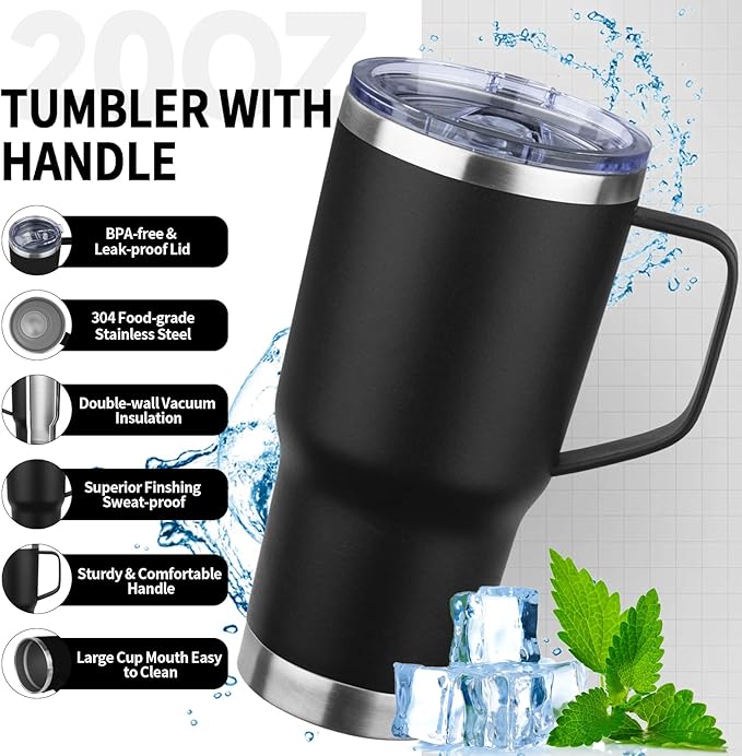 20oz Insulated Tumbler with Handle Stainless Steel Travel Coffee Mug with Lid and Straw Double Wall Vacuum Leak-proof Reusable Thermal Water Cup for Hot and Cold Drinks (Black,1 Pack)