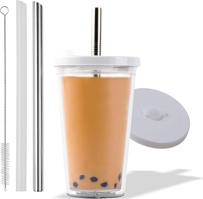 Reusable Boba Cup for Large Size Bubble Tea (24 Oz), Angled Straws, Leak Proof Design, Double Wall Insulated Bubble Tea Cup