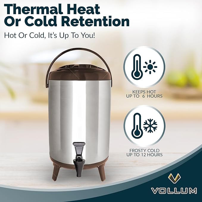 Stainless Steel Insulated Beverage Dispenser – Insulated Thermal Hot and Cold Coffee Carafe – 10 Liter Drink Dispenser with Spigot for Hot Water, Tea & Coffee, Cold Milk, Juice & More BROWN