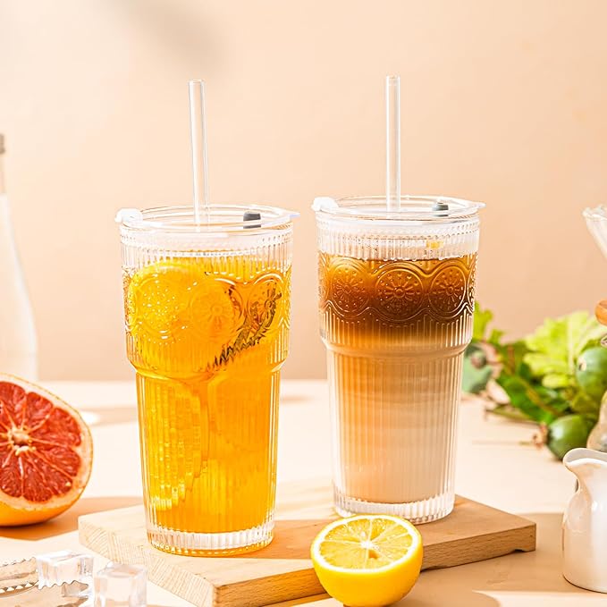 20oz Ribbed & Floral Glass Tumbler Set of 2 – Reusable Glass Cups with Lid and Glass Straw, To-Go Iced Coffee Cups for Water, Smoothie, Milk, Cocktail & More – Perfect for Daily Use & Travel