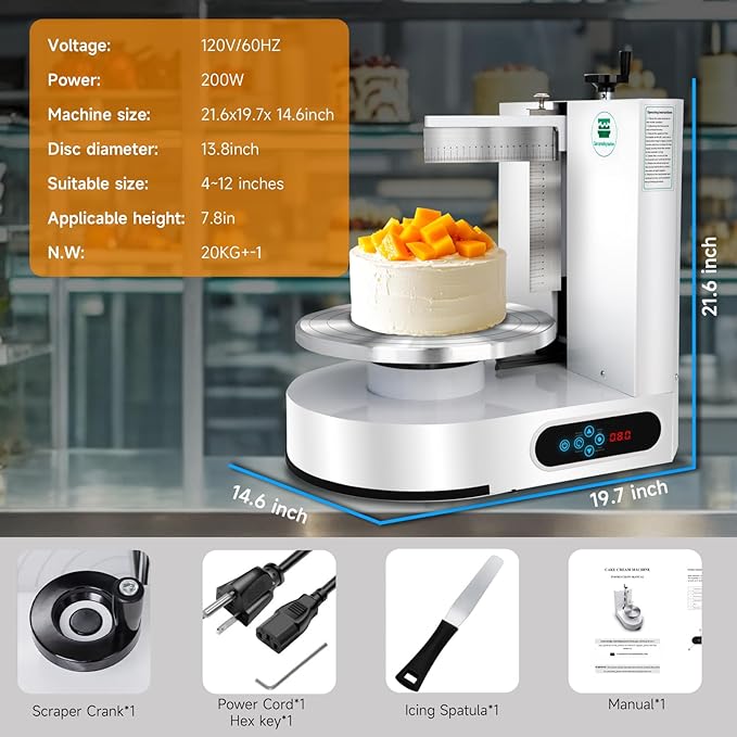 Cake Decorating Machine 4-12 Inch Cake Icing Frosting Smoother Decorating Low Noise 60-320 RPM 304 Stainless Steel Scraping for Stable Fast 110V Automatic for Butter Cream, 43LB