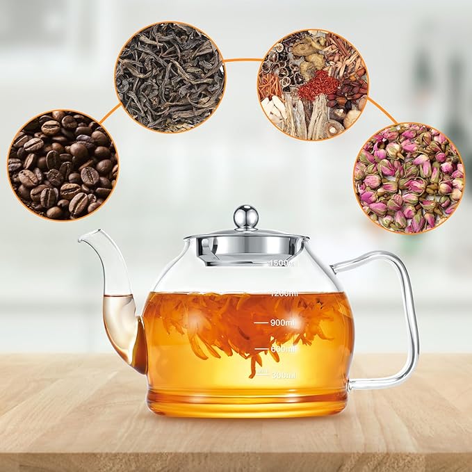 STNTUS Glass Teapot, 52 oz / 1500 ml for Loose Tea, Teapot with Infusers for Loose Tea, Stainless Steel Strainer, Tea Pot for Stove,