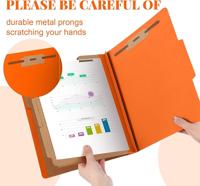 12 Pcs Classification Folders Letter Size, Back to School Supply for Teacher, Student, 3 Dividers Pressboard File Folder Bulk with 2 Fasteners, 3.5 Inch Expanding File Organizer (Orange)