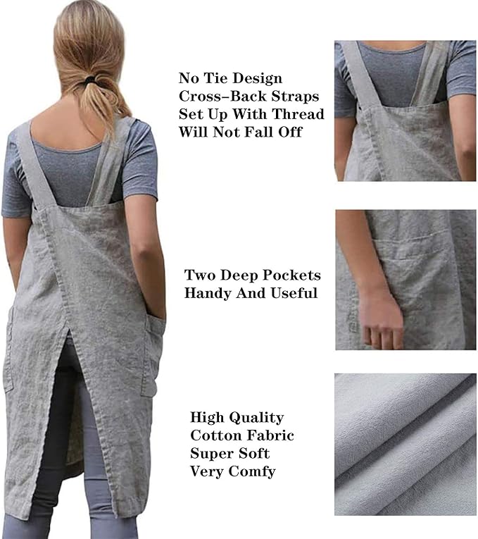 YESDOOD Apron for Womens Cotton Linen Apron Cross Back with Pockets Pinafore Dress for Cooking