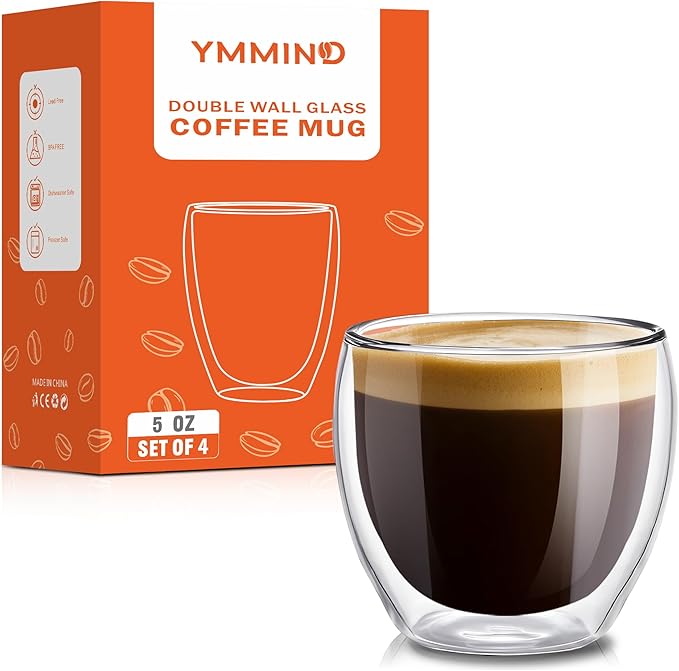 Set of 4 Double Walled Glass Coffee Mugs 5 Ounces Insulated Layer Coffee Cups Borosilicate Glass Espresso Cup for Hot Beverage,Cappuccino,Tea,Latte,Wine,Microwave Safe