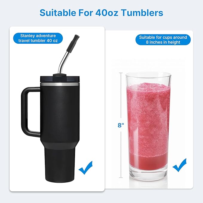 Repeatable Metal Straw with Silicone Tips for 40 oz Stanley Tumbler, 2 Pcs 40 oz Stainless Steel Straws Replacement for Stanley Tumbler, 1 Straw Brush, BPA Free（Black）