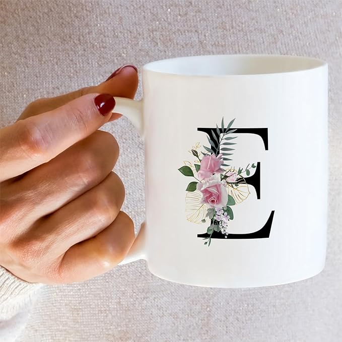 Retreez Initial A-Z Floral Botanical Bouquet Alphabet Monogrammed Monogram Mug 11 Oz Ceramic Tea Coffee Mugs - Appreciation Thank You Wedding Birthday Gifts for her friend coworker sister - E Initial