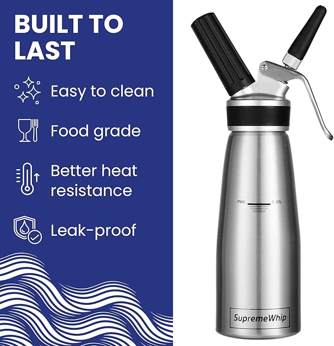 PRO Cream Dispenser, Durable High-Grip, Metal Lid with Rubber, 3 Nozzles, for Hot/Cold Use, Cleaning Brush Included, Silver - 500 ml / 1 Pint