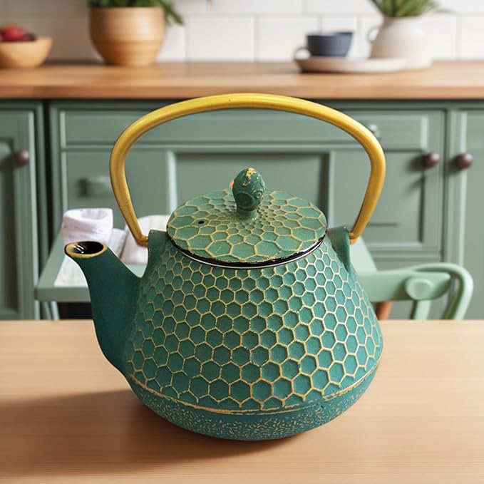 Cast Iron Tea Kettle, Japanese Tetsubin Teapot Coated with Enameled Interior, Durable Cast Iron Teapot with Stainless Steel Infuser for Stovetop Safe(1000ml/34oz)