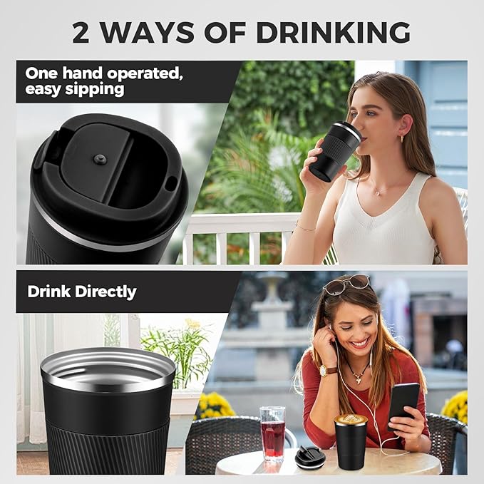Volhoply 13 oz Stainless Steel Insulated Travel Coffee Mug with Fip Lid,Reusable Double Wall Vacuum Metal Coffee Cup,Portable to Go Leak Proof Cafe Thermal Tumbler for Hot & Cold Drinks(Black,1)