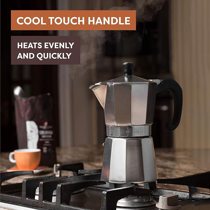 Bellemain Stovetop Espresso Maker | Italian Moka Pot Espresso Maker, Classic Aluminum Design Mocha Pot for Home Brewing & Camping | Easy to Use & Clean - 3-Cup, Silver