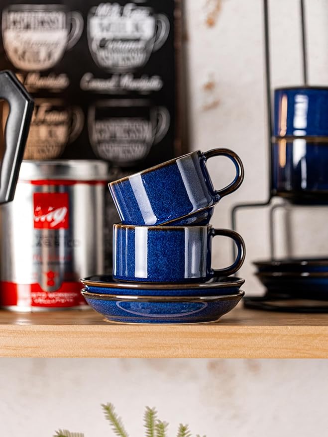 Gomakren 2.5 Ounce Espresso Cups Set of 4, Small Stackable Coffee Cups with Saucers and Metal Stand, Porcelain Demitasse Cups for Specialty Coffee Drinks, Espresso, Cappuccino, Latte, Tea, Cobalt Blue