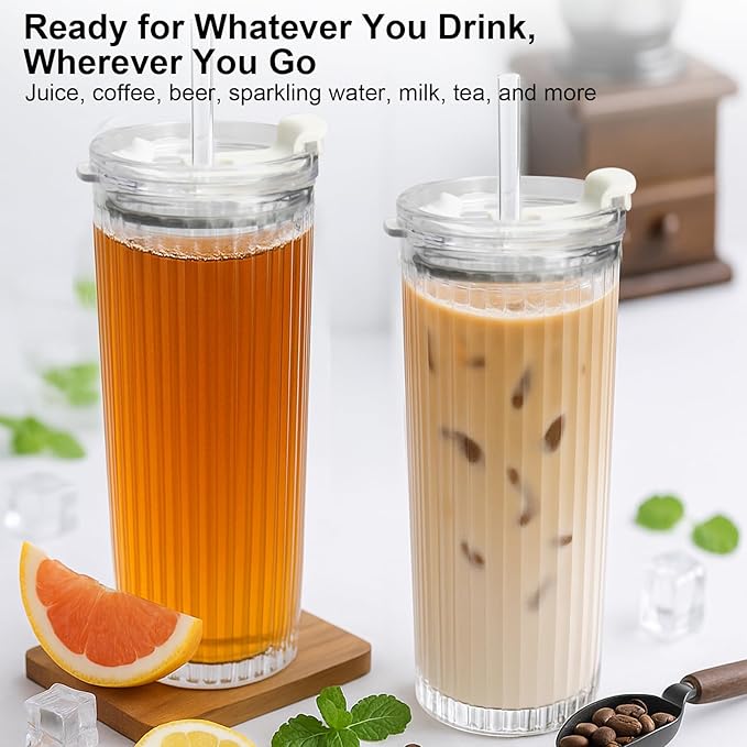 WERTIOO 20 Oz Ribbed Glass Tumblers with Straw and Lid, Glassware Drinking Glasses Set of 4, Leak Proof Ice Coffee Cups Reusable, Thickened Glass, Ideal for Iced Coffee, Smoothies and Juices