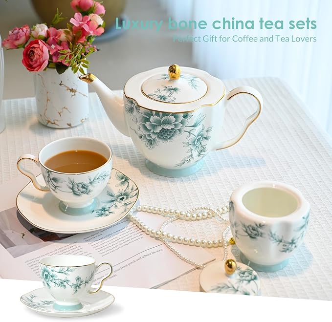 ACMLIFE Bone China Tea Cups and Saucers for 1, 6.8 oz Teacup Set for Adults, with Gold Trim and Gift Box, Blue and White Chinese English British Wedding Tea Set for One Coffee Cup Set (Blue-Leaf)