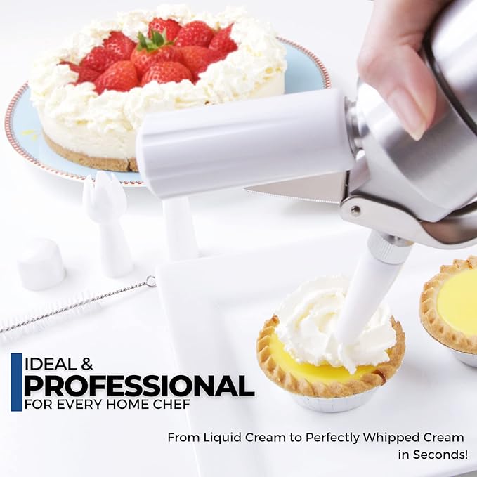 ICO Professional Aluminum Whipped Cream Dispenser for Homemade Whipping Cream, Desserts, Dips, Sauces, and Infused Liquors, Whipped Cream Maker for use with Whip Cream Charger, Silver, 1-Pint
