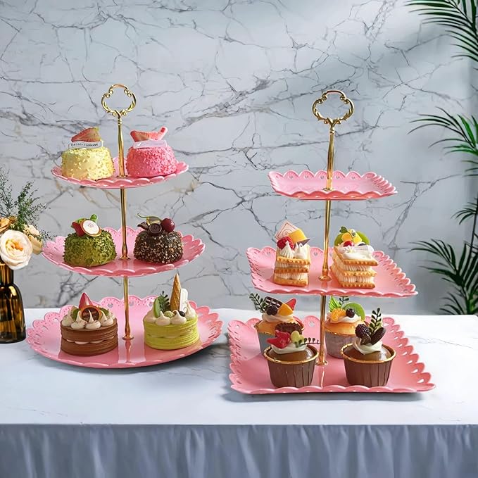 RAUVOLFIA 2 Pack of Plastic Round & Square Dessert Cupcake Stand, 3 Tier Cup Cake Holder Tower for Tea Party/Birthday/Wedding, Plastic Tiered Serving Tray (Pink)