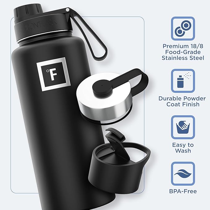 IRON °FLASK Camping & Hiking Hydration Flask with 3 Lids - Stainless Steel, Double Walled & Vacuum Insulated Water Bottle - Leak Proof & BPA Free (Fire, Spout - 32 oz)