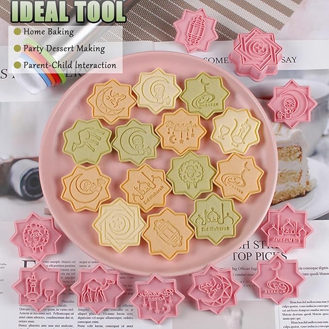 10 Pcs Eid Mubarak Cookie Cutters Set Baking Molds 3D Christmas Press type Cookie Cutter for Baking, Fondant, Cheese, and Pastries