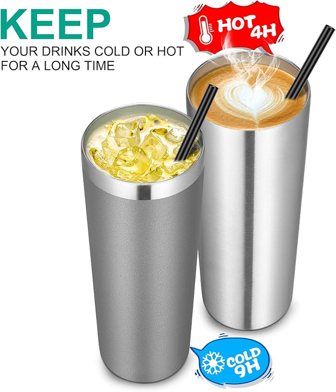 VEGOND Stainless Steel Tumblers Bulk 12 Pack, 20 oz Vacuum Insulated Skinny Tumblers with Lids and Straws, Double Wall Slim Tumbler, Travel Water Cup