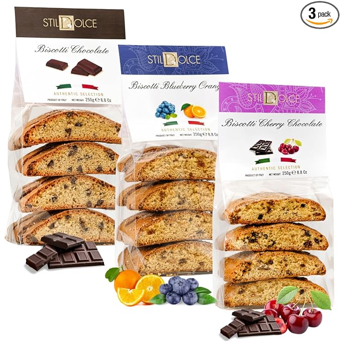Stildolce Semi-Soft Italian Biscotti Cookies Variety Pack – Chocolate, Blueberry Orange, Chocolate Cherry | Made in Tuscany, Italy | Gourmet Biscuits, No Preservatives, 8.8 oz Bags, Pack of 3