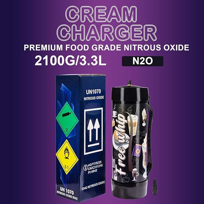 2100G Whipped Cream Charger Tank (1 Pack), 3.3L Food Grade Nitrous gas Cartridges for Desserts & Cocktails, Fits with Any Standard Dispensers, Leak Proof Steel