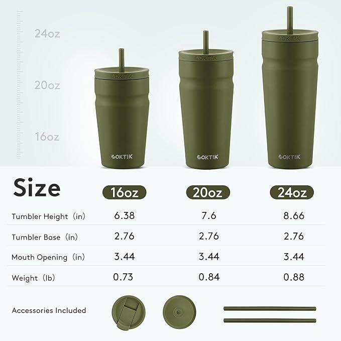 COKTIK 20oz Insulated Tumbler with Lid and Straw 2 Lids (Straw/Flip) Iced Coffee Cup Reusable Stainless Steel Travel Mug Water Bottle Cupholder Friendly for Women Men Her Him (Olive)