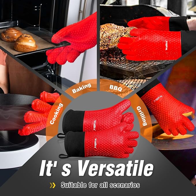 Walfos Silicone BBQ Gloves - Heat Resistant Grilling Gloves, Premium Non-Slip Kitchen Silicone Oven Mitt with Protective Cotton Layer Inside, Waterproof, Great for Grilling, Kitchen and Cooking, Red