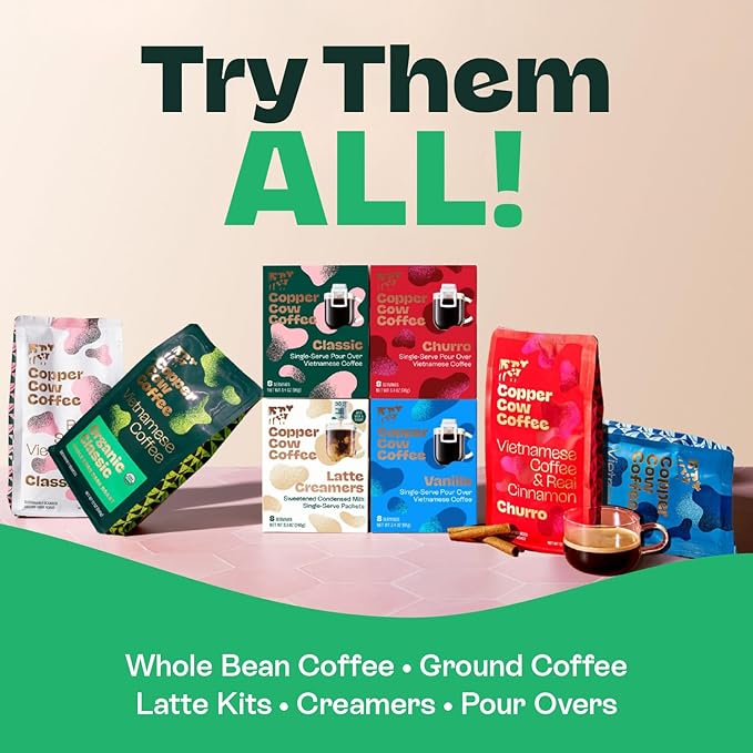Copper Cow Premium Pour Over Single-Serve Vietnamese Coffee | Classic Black, Churro | Dark Roast | Includes 16 Coffees