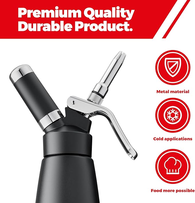 Professional Aluminum Whipped Cream Dispenser - 500 mL/1 Pint,Whipped Cream Maker Canister with 5 Decorating Nozzles & Cleaning Brush - Need To Use N2O Chargers (Not Included) (Black, 500ml)