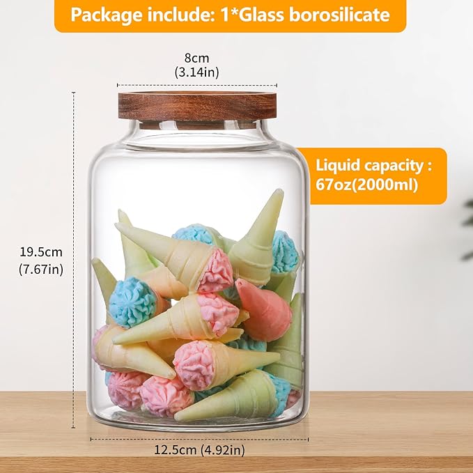 Large Glass Jar with Wooden Lid Glass Sugar Containers Kitchen Canisters Pantry Glass Food Storage Container for Candy Coffee Bean Cereal Flour Cookies