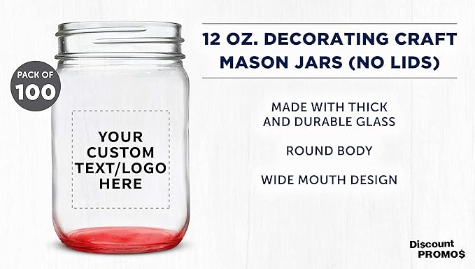 DISCOUNT PROMOS Custom Decorating Mason Jars 12 oz. Set of 100, Personalized Bulk Pack - Glass Jars for Overnight Oats, Candies, Fruits, Pickles, Spices, Beverages - Red