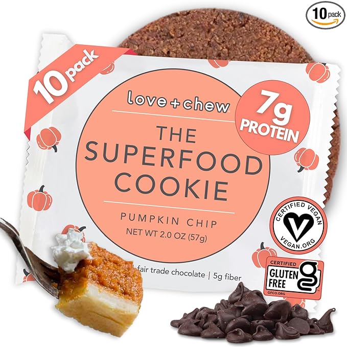 Love + Chew Tasty, Gluten Free Cookies - Pumpkin Chip 10 Count - Vegan - Healthy, Paleo, Non GMO Snacks - Individually Wrapped, Soft Baked Cookies - Made from High Protein Almonds - 2 Ounce Each