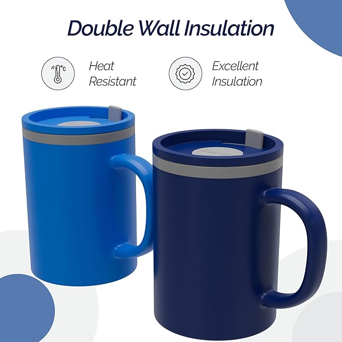 Copco Iconic 16oz Double Wall Insulated Desk Mug with Lid and Handle, Set of 2, BPA-Free Reusable Plastic, Spill-Proof, Microwave & Dishwasher Safe, Wide Mouth, Cup Holder Friendly (Navy/Blue)