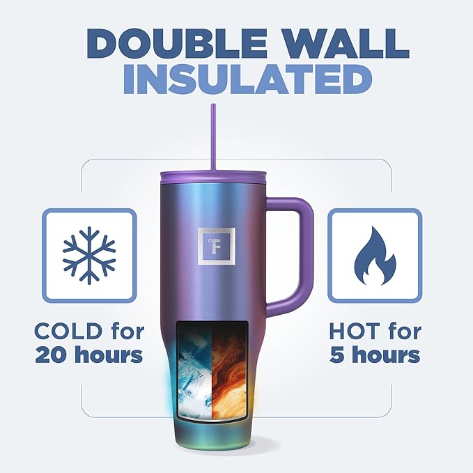 IRON °FLASK Co-Pilot Insulated Mug w/Straw & Flip Cap Lids - Cup Holder Bottle for Hot, Cold Drink - Leak-Proof - Water, Coffee Portable Travel Mug - Pink Tulip, 40 Oz