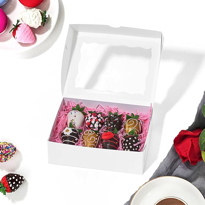 8x6x2.5 Inch 8PCS Baking Boxes with Window for Pastry,Treat,Macaron,Dount,Cookies,Chocolate Covered Strawberries,White Bakery Boxes Strawberry Boxes,Muffins