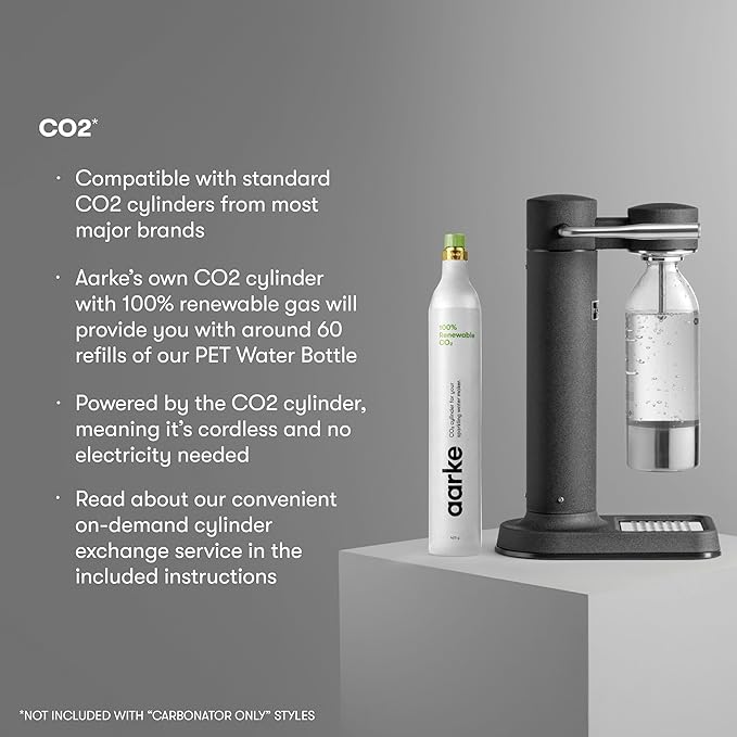 Aarke Carbonator lll with CO2 Cylinder, Sparkling & Carbonation Water Machine, Stainless Steel with PET BPA-Free Reusable Bottle Volume 1L/34 fl oz (Matte Black)