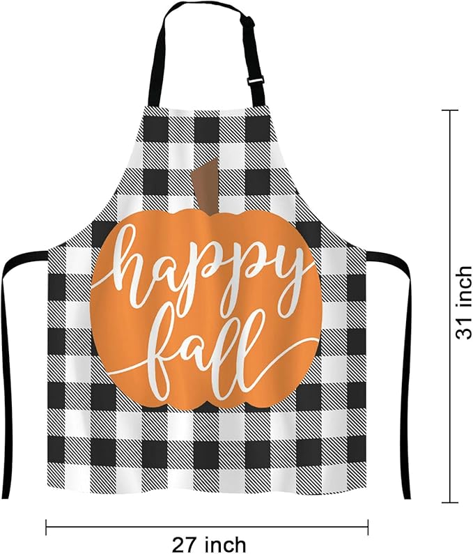 Happy Fall Pumpkin Thanksgiving Pillow case Buffalo Plaid Adjustable Bib Apron Kitchen Cooking Baking Gardening Apron for Women Men
